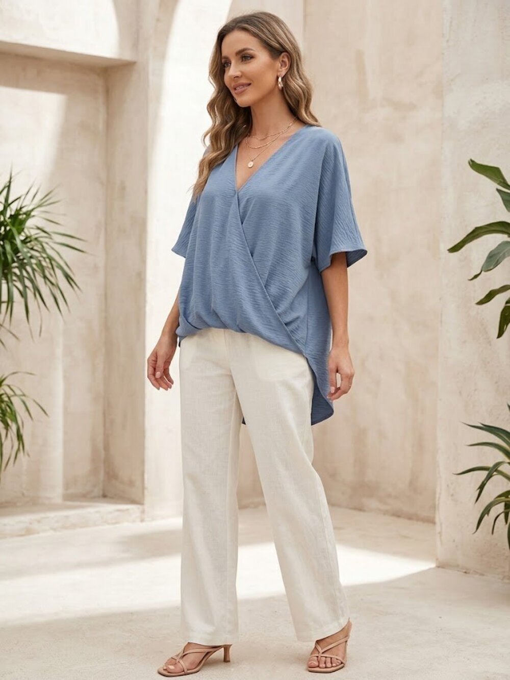 ChicMe Slate Blue V-Neck Crossover Wrap Drape Blouse Short Sleeve Top